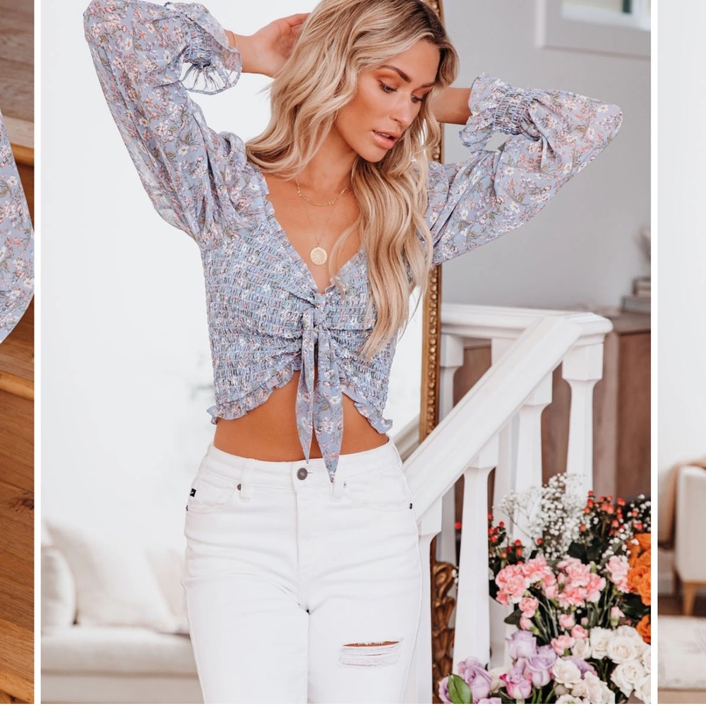 Delicate Darling smocked tie front blouse - blue